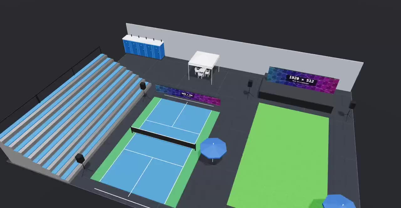 Arena de evento montada em 3D no Yure Stage: arquibancada, quadra, painéis de LED, tendas e som